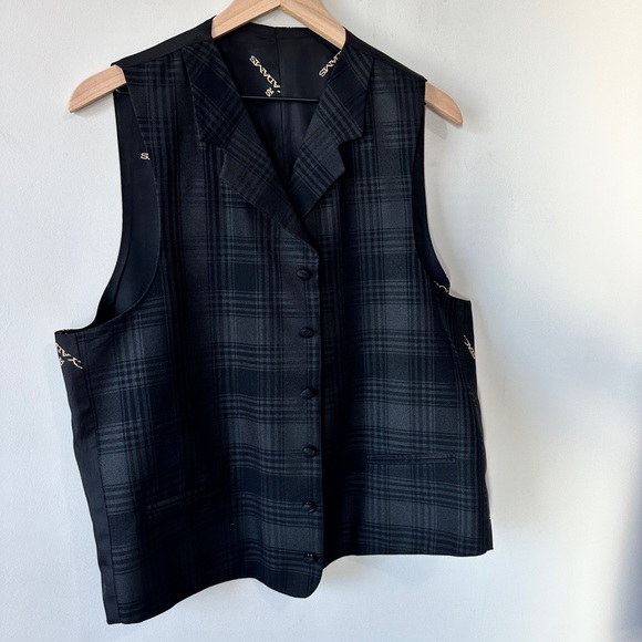 Vintage Stacy Adams Black on Black Plaid Button Down Vest Size 42L - Picture 2 of 7
